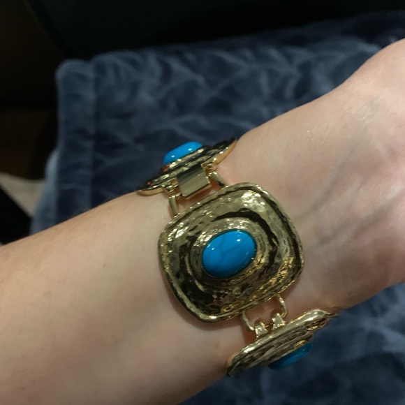 Gold-coloured and turquoise coloured articulated braceket - Picture 2 of 3